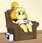  2019 :| alcohol animal_crossing anthro barefoot beverage blonde_hair canid canine canis clothing controller domestic_dog female food fur glass hair hi_res holding_beverage holding_object isabelle_(animal_crossing) mammal nintendo panties popcorn remote_control shih_tzu sitting solo toy_dog underwear video_games wine yellow_fur yellowhellion 