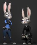  2019 3d_(artwork) absurd_res alcohol anthro beverage black_background black_clothing bodysuit bottle claws clothing crossed_arms crouching digital_media_(artwork) disney duo eyebrows eyelashes female female/female fingers fur grey_fur handwear hi_res holding_object judy_hopps lagomorph leporid long_ears looking_up mammal melo multicolored_ears multicolored_fur pink_nose police_badge police_uniform purple_eyes rabbit simple_background sitting skinsuit square_crossover standing tight_clothing toe_claws toeless_legwear toes two_tone_fur uniform white_fur zootopia 