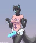  2019 animal_genitalia animal_penis anthro aurora_(lufty) balls big_breasts bioluminescence black_fur black_hair blue_eyes bottomwear breasts canid canine canine_penis canis choker clothed clothing collar digital_media_(artwork) erection fur glowing gynomorph hair hi_res intersex jewelry knot looking_at_viewer lufty mammal necklace penis shirt shorts simple_background solo text topwear until_the_choker_breaks unzipped wolf 