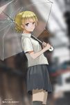  1girl alternate_costume autism_wanderer bangs black_legwear black_neckwear blonde_hair blue_eyes blurry blurry_background braid closed_mouth commentary darjeeling dated dress_shirt eyebrows_visible_through_hair from_side girls_und_panzer highres holding holding_umbrella light_particles looking_at_viewer miniskirt necktie pleated_skirt school_uniform shirt short_hair short_sleeves skirt smile solo standing thighhighs tied_hair transparent transparent_umbrella twitter_username umbrella white_shirt wing_collar 