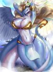  amethystdust anthro big_breasts blush breasts dragon feathered_dragon feathered_wings feathers female hair hi_res horn konami saffira_queen_of_dragons solo tongue tongue_out wings yu-gi-oh 
