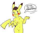  2019 anthro bodily_fluids boxf breasts butt clothing deerstalker_hat detective_pikachu dialogue dipstick_ears english_text female fur hat headgear headwear mammal multicolored_ears nintendo nipples nude pikachu pok&eacute;mon pok&eacute;mon_(species) pok&eacute;mon_detective_pikachu pussy red_cheeks simple_background smile solo standing sweat teeth text video_games white_background wide_hips yellow_fur 
