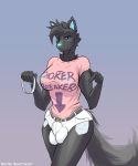  2019 anthro aurora_(lufty) balls big_breasts bioluminescence black_fur black_hair blue_eyes bottomwear breasts bulge canid canine canis choker clothed clothing collar digital_media_(artwork) fur glowing gynomorph hair hi_res intersex jewelry looking_at_viewer lufty mammal necklace penis shirt shorts simple_background solo text topwear until_the_choker_breaks wolf 