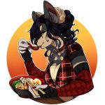  1:1 2019 5_fingers anthro bowl breasts canid canine canis chopsticks clothed clothing digital_media_(artwork) domestic_dog eating female fingers food fur hair holding_object jennibutt mammal noodles pomeranian ramen simple_background sitting smile solo spitz tattoo topwear zenmaldita 