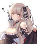 1girl ? azur_lane between_breasts black_dress braid braided_bun breasts cleavage dress earrings formidable_(azur_lane) frilled_dress frills grey_hair holding_dress holding_skirt jewelry large_breasts long_hair looking_at_viewer luobo_(nsnr8754) platinum_blonde_hair red_eyes ribbon skirt_hold solo twintails two-tone_dress two-tone_ribbon very_long_hair 