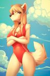  anthro blonde_hair breasts canid canine clothed clothing cloud crossed_arms eyelashes female hair hi_res long_hair looking_at_viewer mammal marblesoda nipples outside sky solo standing swimwear whistle 