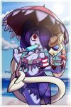  absurd_res beach bikini bodily_fluids breasts clothed clothing cloud coconut duo eating eyelashes eyewear female food fruit hair hair_over_eyes hat headgear headwear hi_res holding_object jomokin leviathan_(skullgirls) looking_at_viewer midriff navel plant popsicle purple_hair red_eyes saliva seaside skullgirls squigly sun sunglasses swimwear tongue tongue_out umbrella video_games water 