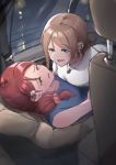  2girls aqua_eyes blue_eyes car car_interior earrings girl_on_top ground_vehicle hair_ornament hairpin jewelry jewelry_removed long_hair love_live! love_live!_sunshine!! md5_mismatch motor_vehicle multiple_girls necklace necklace_removed red_hair sakurauchi_riko seatbelt short_hair watanabe_you yellow_eyes yuri 