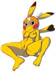  2018 anthro blueast breasts butt cleft_tail clothing cosplay_pikachu_(character) cosplay_pikachu_(costume) female fur hi_res mammal mask nintendo nipples nude pikachu pikachu_libre pok&eacute;mon pok&eacute;mon_(species) pussy simple_background sitting smile solo thick_thighs video_games white_background wide_hips yellow_fur 