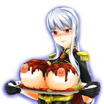  blush breasts chocolate female gloves gradient gradient_background huge_breasts long_hair messy military military_uniform nipples platter r2-d2_(artist) red_eyes selvaria_bles senjou_no_valkyria senjou_no_valkyria_1 silver_hair solo tray uniform white_background 