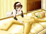  bdsm blue_eyes brown_hair captive encasement gag highres latex latex_gloves mask nude nurse pussy tamakko vacbed 