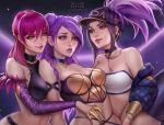  3girls akali bangle bare_shoulders baseball_cap bracelet braid breasts choker claws cropped_jacket daria_leonova double_bun earrings evelynn fur_trim hair_ornament hat jewelry k/da_(league_of_legends) k/da_akali k/da_evelynn k/da_kai&#039;sa k/da_kai'sa kai&#039;sa kai'sa league_of_legends lipstick long_hair makeup multiple_girls navel off_shoulder out_of_frame parted_lips ponytail purple_eyes purple_hair smile strapless tubetop twin_braids yellow_eyes yuri 