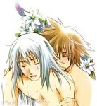  2boys brown_hair crying eyes_closed flower flowers kingdom_hearts kirihito male male_focus multiple_boys nude riku silver_hair sora sora_(kingdom_hearts) tears yaoi 