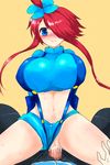 1girl absurdres blue_eyes blush breasts clothed_sex cum cum_in_pussy fuuro_(pokemon) gym_leader hair_ornament hair_over_one_eye han_(jackpot) hetero highres large_breasts midriff navel penis pokemon pokemon_(game) pokemon_bw red_hair sex shorts solo_focus 
