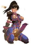  1girl arms_behind arms_behind_back bdsm black_hair blush bodysuit bondage bound breasts censored erection full_body futanari huge_penis long_hair mikoyan newhalf no_nipples penis ponytail simple_background sitting solo soul_calibur soul_calibur_iii soulcalibur_iii taki taki_(soulcalibur) testicles torn_clothes 