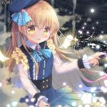  1girl bangs blonde_hair blue_dress blue_neckwear brooch character_request cityscape cloud collared_dress collared_shirt commentary_request dairoku_youhei dress eyebrows_visible_through_hair fang full_moon hair_between_eyes holding jewelry long_hair long_sleeves looking_at_viewer moon night night_sky parted_lips pleated_dress satsuki_yukimi shirt sky sleeves_past_wrists solo star_(sky) starry_sky very_long_hair white_shirt yellow_eyes 