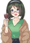  1girl :d absurdres black_hair blue_hairband blush breasts brown_jacket cleavage cup dokuganryuu drinking_glass drunk eyebrows_visible_through_hair glasses green_shirt hairband highres holding holding_cup jacket kantai_collection kirishima_(kantai_collection) looking_at_viewer open_mouth purple-framed_eyewear red_wine shirt short_hair simple_background smile solo upper_body white_background wine_glass 