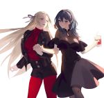  2girls backlighting black_dress black_legwear black_shorts bubble_tea byleth_(fire_emblem) byleth_(fire_emblem)_(female) casual cup disposable_cup dress edelgard_von_hresvelg fajyobore323 fire_emblem fire_emblem:_three_houses green_hair hair_ribbon hairband highres holding_hands jacket leather leather_jacket legwear_under_shorts light_blush long_hair looking_at_another looking_at_viewer medium_hair multiple_girls open_mouth pantyhose red_legwear red_shirt ribbon shirt shorts silver_hair simple_background smile standing turtleneck very_long_hair yuri 