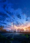  1girl backpack bag bicycle blue_sky blurry blurry_foreground brown_hair chain-link_fence cloud cloudy_sky commentary_request depth_of_field diffraction_spikes fence gradient_sky ground_vehicle highres long_hair mocha_(cotton) original outdoors parking_lot plant power_lines rooftop scenery shadow shirt shoes short_sleeves skirt sky solo standing star_(sky) sun sunlight sunset tree white_shirt wide_shot 