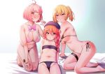  3girls ahoge amano_don barefoot beret bikini black_bikini blonde_hair blush bow bowtie bracelet braid breasts brown_hair chieru_(princess_connect) chloe_(princess_connect) cleavage closed_mouth commentary_request eyebrows_visible_through_hair hair_between_eyes hair_ornament hat highres jewelry kneeling large_breasts long_hair looking_at_viewer multiple_girls navel one_eye_closed pink_bikini pink_hair pointy_ears princess_connect! princess_connect!_re:dive purple_eyes short_hair side-tie_bikini sitting small_breasts star star_hair_ornament swimsuit thigh_strap tongue tongue_out yellow_eyes yuni_(princess_connect) 