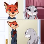 &lt;3 1:1 2019 absurd_res anthro canid canine clothed clothing comic dialogue disney duo english_text female fox fur green_eyes half-closed_eyes hi_res inside judy_hopps lagomorph leporid male mammal necktie nick_wilde police_uniform purple_eyes rabbit red_fox signature skeletonguys-and-ragdolls speech_bubble text uniform zootopia 