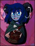  absurd_res belt blue_eyes blue_hair blue_skin clothed clothing critical_role curved_horn freckles hair hi_res horn humanoid jester_lavorre jomokin not_furry open_mouth solo teeth tiefling 