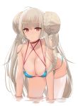  1girl ahoge azur_lane bangs bare_shoulders bent_over bikini blue_bikini blush braid breasts brown_hair cleavage closed_mouth collarbone commentary_request criss-cross_halter double_bun eyebrows_visible_through_hair formidable_(the_lady_of_the_beach)_(azur_lane) hair_rings halterneck hanging_breasts highres j@ck large_breasts long_hair looking_at_viewer red_eyes simple_background single_thighhigh swimsuit thighhighs very_long_hair water white_background white_legwear 