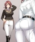 1girl ascot ass belt boots breasts brown_eyes brown_hair hand_in_hair jacket large_breasts original pants riding_outfit smile tsukinami_kousuke wavy_hair white_pants 