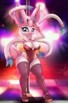  anthro anthrofied breasts clothing eeveelution fishnet fishnet_legwear footwear hi_res high_heels kyodashiro legwear nintendo pok&eacute;mon pok&eacute;mon_(species) pole shoes sylveon video_games 