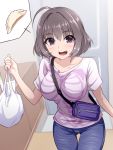  1girl ahoge alternate_hair_color ass_visible_through_thighs bag bangs between_breasts black_hair blue_pants blurry blurry_background blush breasts collarbone cowboy_shot denim door dumpling eyebrows_visible_through_hair fang fanny_pack food hair_between_eyes hair_intakes hand_up holding holding_bag idolmaster idolmaster_cinderella_girls indoors jeans jiaozi large_breasts leaning_forward looking_at_viewer open_mouth pants pataniito pink_eyes plastic_bag shiny shiny_hair shirt short_hair short_sleeves skeleton_print smile solo spoken_food strap_between_breasts t-shirt thigh_gap tongue white_shirt yumemi_riamu 