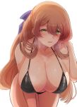  10eki_(tenchou) 1girl absurdres alternate_costume bangs bent_over bikini black_bikini blush breasts brown_hair cleavage eyebrows_visible_through_hair girls_frontline green_eyes hair_between_eyes hair_rings hand_up hanging_breasts highres large_breasts leaning_forward long_hair looking_at_viewer m1903_springfield_(girls_frontline) o-ring o-ring_bikini open_mouth sidelocks simple_background solo sweat sweatdrop swimsuit white_background 