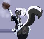  2019 anthro bottomless butt clothed clothing diana_rayablanca feather_duster female fur hair hi_res legwear looking_back maid_uniform mammal mephitid no_underwear presenting presenting_hindquarters presenting_pussy pussy rear_view simple_background skeletonguys-and-ragdolls skunk smile solo striped_skunk tail_upskirt uniform white_fur white_hair 