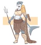  2019 5_fingers anthro armor bottomwear clothed clothing digital_media_(artwork) female fingers fish gladiator hi_res holding_object holding_weapon marine melee_weapon net polearm ranged_weapon scar shark simple_background slightlysimian solo topwear trident weapon white_background 