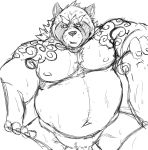  2019 anthro balls belly bodily_fluids canid canine gyobu hi_res humanoid_hands male mammal moobs navel nipples overweight overweight_male penis raccoon_dog scar sweat tanuki tattoo tokyo_afterschool_summoners video_games yukikazefactory 