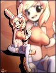  5_fingers animal_humanoid blush breasts clothed clothing eyelashes female fingers fiz_(fizintine) footwear hi_res humanoid jomokin lagomorph lagomorph_humanoid legwear leporid_humanoid mammal mammal_humanoid midriff open_mouth rabbit_humanoid shoes sitting solo thigh_highs wrist_cuff 