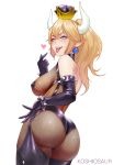  1girl artist_name ass bare_shoulders blonde_hair blue_eyes bodysuit bowsette bracelet breasts crown elbow_gloves fishnet_bodysuit fishnets gloves hair_between_eyes horns jewelry koshio large_breasts long_hair looking_at_viewer mario_(series) new_super_mario_bros._u_deluxe pointy_ears ponytail simple_background solo spiked_bracelet spikes teeth tongue tongue_out white_background 
