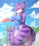 absurd_res clothing dragon female fur furred_dragon hair hi_res looking_at_viewer oloxbangxolo one-piece_swimsuit purple_fur purple_hair smile solo swimwear thick_thighs tsukiyo wide_hips 