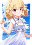  1girl ame. azur_lane bangs blonde_hair blue_sky blush carabiniere_(azur_lane) closed_mouth cloud cloudy_sky collared_dress commentary_request day dress eyebrows_visible_through_hair fingernails flower hair_between_eyes hair_flaps hair_flower hair_ornament hairband hand_up looking_at_viewer ocean red_eyes red_flower red_rose rose sky sleeveless sleeveless_dress smile solo water white_dress white_hairband 