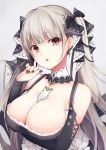  1girl arm_under_breasts azur_lane bangs bare_shoulders between_breasts black_dress black_nails blush breasts cleavage dress earrings eyebrows_visible_through_hair formidable_(azur_lane) frilled_dress frills grey_hair hair_ribbon hand_up highres jewelry kuroi_(liar-player) large_breasts long_hair long_sleeves looking_at_viewer red_eyes ribbon simple_background solo twintails twitter_username two-tone_dress very_long_hair 
