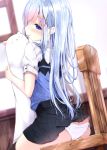  1girl adapted_costume ass bangs black_legwear black_skirt blue_eyes blue_hair blue_vest blurry blurry_background blush cat_pillow chair commentary depth_of_field eyebrows_visible_through_hair gochuumon_wa_usagi_desu_ka? hair_between_eyes hair_ornament highres holding holding_pillow indoors kafuu_chino kouda_suzu long_hair on_chair panties panty_pull pillow pleated_skirt puffy_short_sleeves puffy_sleeves rabbit_house_uniform shirt short_sleeves sitting skindentation skirt skirt_lift solo sunlight thighhighs tongue tongue_out underwear uniform very_long_hair vest waitress white_panties white_shirt window x_hair_ornament 