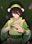  1girl avatar:_the_last_airbender avatar_(series) black_hair blind blue_eyes element_bending geokinesis hair_between_eyes short_hair smile solo toph_bei_fong zero-han 