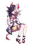  1girl animal_ears animal_print baby_carry black_hair chain closed_mouth cow_ears cow_horns cow_print cow_tail expressionless frilled_shorts frills full_body gla haori highres horns invisible_chair japanese_clothes long_hair long_sleeves looking_at_viewer midriff multicolored_hair navel red_eyes sandals shorts sitting slit_pupils solo tail touhou transparent_background two-tone_hair ushizaki_urumi white_hair wide_sleeves yellow_shorts 