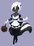  2019 anthro black_nose breasts cleavage clothed clothing diana_rayablanca feather_duster female fur hair hi_res legwear maid_uniform mammal mephitid open_mouth simple_background skeletonguys-and-ragdolls skunk solo striped_skunk uniform white_fur white_hair 