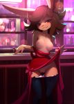  2019 5_fingers alcohol anthro bar beverage blush breasts brown_hair clothing female fingers hair hi_res jewelry lagomorph leporid looking_at_viewer mammal necklace nipples panties panties_down pendant pussy rabbit signature smile solo tailhug underwear wide_hips wine 