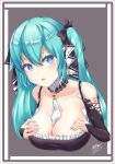  1girl aqua_hair azur_lane bare_shoulders between_breasts blue_eyes breasts cosplay formidable_(azur_lane) formidable_(azur_lane)_(cosplay) grey_background hair_between_eyes hair_ribbon hatsune_miku large_breasts long_hair nail_polish number_tattoo ribbon solo sow006 tattoo twintails upper_body vocaloid 