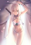  1girl absurdres ahoge backlighting bangs bare_shoulders bikini blonde_hair blush boa_(brianoa) bow bracelet breasts cleavage closed_mouth collarbone fate/grand_order fate_(series) hair_bow highres jewelry katana looking_at_viewer medium_breasts navel okita_souji_(fate)_(all) okita_souji_(swimsuit_assassin)_(fate) short_hair smile solo swimsuit sword thighs weapon white_bikini 