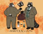  2019 absurd_res anthro bottomwear butt clothing eyewear glasses hi_res humanoid_hands izvy_(artist) male mammal necktie overweight overweight_male pants procyonid raccoon shirt solo text topwear 