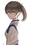  1girl brown_hair eyebrows_visible_through_hair from_side green_eyes japanese_clothes kaga_(kantai_collection) kantai_collection long_hair looking_at_viewer side_ponytail simple_background solo tasuki twitter_username upper_body white_background yuzu_(kimagure_kankitsurui) 