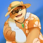  1:1 2019 anthro brown_fur clothed clothing eyewear fur glasses hat headgear headwear hi_res humanoid_hands male mammal nanon_1st open_shirt shirt simple_background slightly_chubby solo straw_hat tokyo_afterschool_summoners topwear ursid video_games volos 