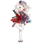  1girl alternate_costume bag bagged_fish black_kimono blue_eyes blush candy_apple character_mask dinergate_(girls_frontline) eating eyewear_on_head fish food from_side full_body geta girls_frontline grey_hair grin gun h&amp;k_mp5 heckler_&amp;_koch holding holding_food japanese_clothes kimono leg_up looking_at_viewer mask mask_on_head mp5_(girls_frontline) obi official_art saru sash side_bun silver_hair smile solo standing submachine_gun sunglasses tareme thompson_(girls_frontline) transparent_background weapon wide_sleeves yukata 